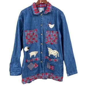 Carrie Allen Denim Jacket Applique Farm Animals Plaid Button Up Size S Grandma